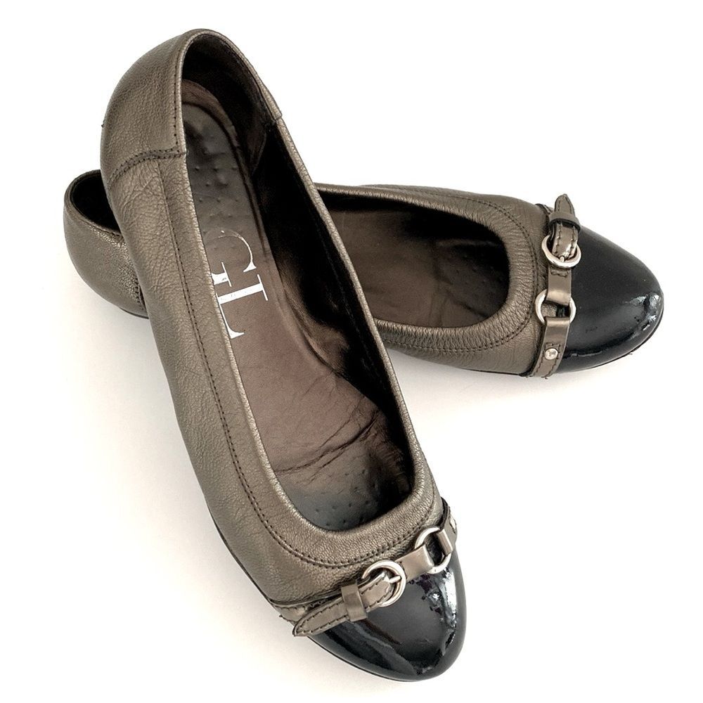 AGL Vintage Gold Quilted Black Patent Cap Toe Ballet Flat US 8 Old Money Preppy